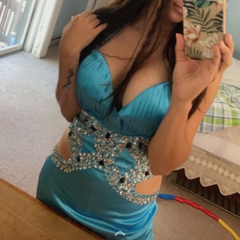 Tony Bowls Turquoise Blue Embellished Cutout Prom Dress